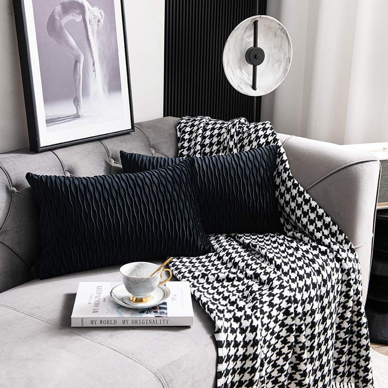 DEZENE Black Striped Decorative Pillow Covers: 2 Pack 12x20 Inch Original Velvet Rectangular Throw Pillow Cases for Farmhouse Couch - Image 2